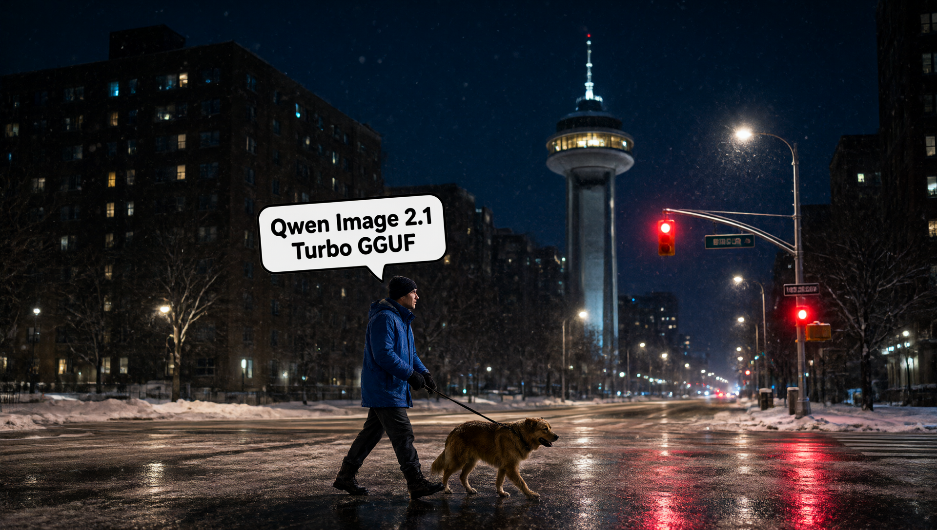 Qwen Image 2.1 Turbo generated snowy city scene with title text